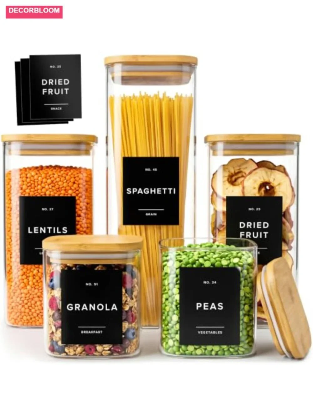Set of 5 Glass Food Storage Containers with Bamboo Lids & Black Labels